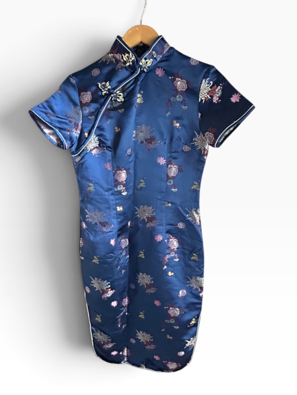 Navy Floral Satin Qipao Cheongsam Dress